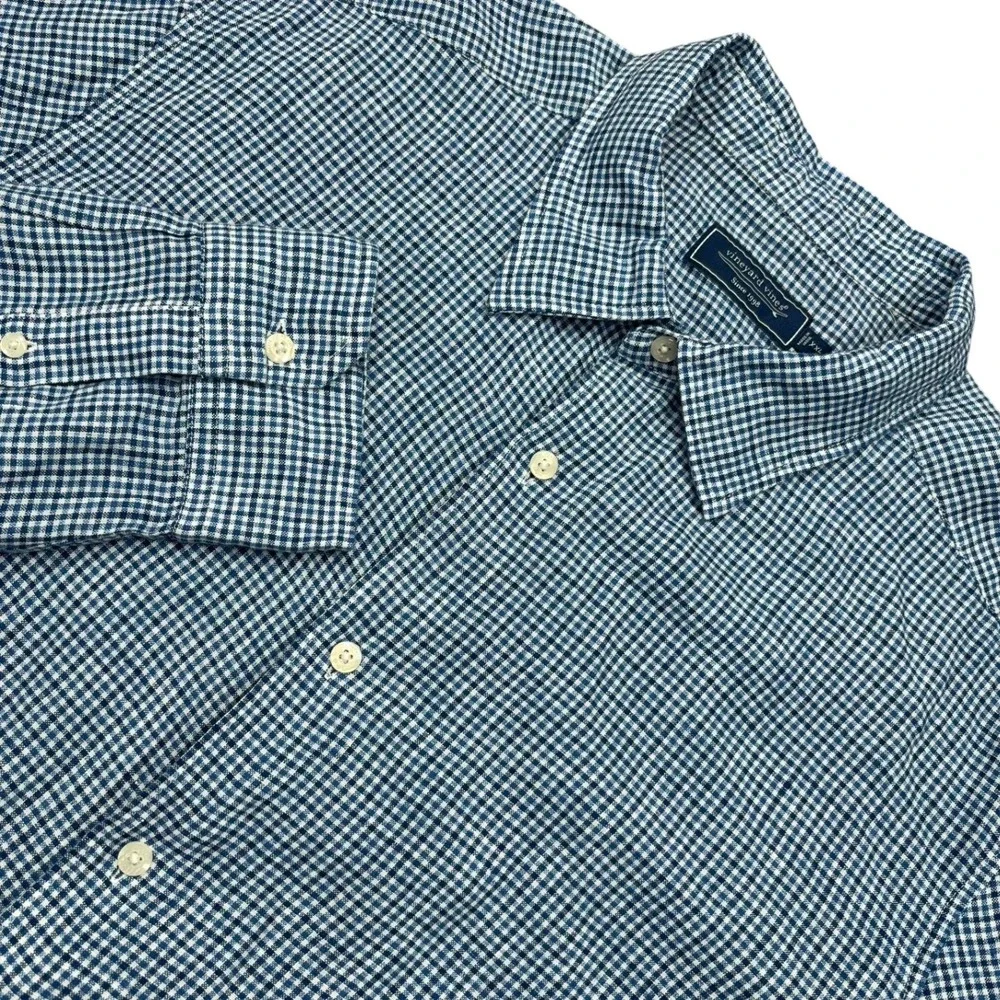 Vineyard Vines Tattersall 100% Linen Shirt Mens XXL Blue Gingham Long Sleeve - Picture 1 of 10